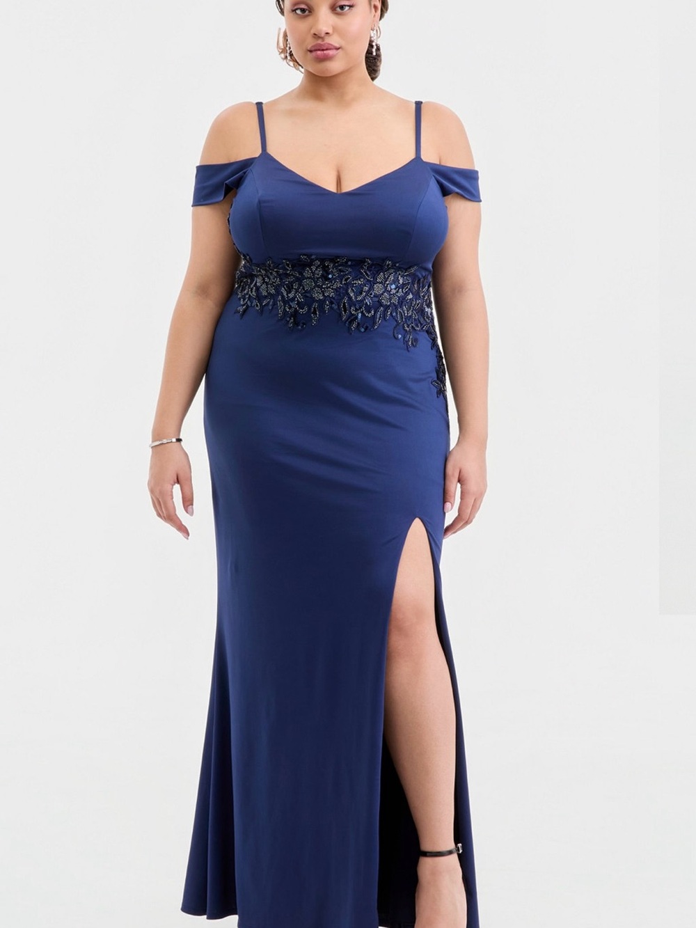 City Studio Navy Cold-Shoulder Maxi Dress with Lace Applique